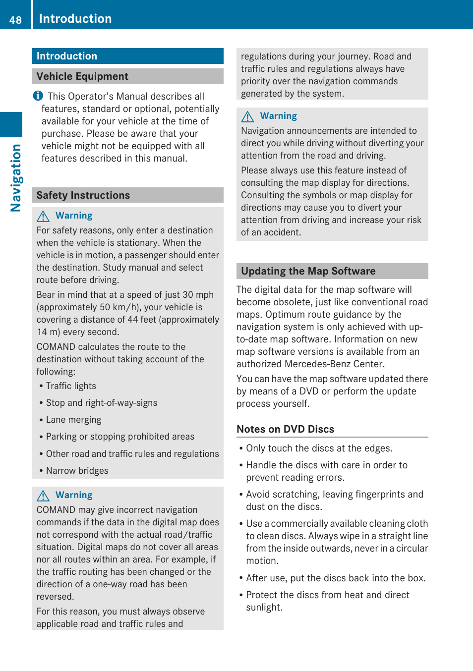 Navigation, Introduction, Vehicle equipment | Safety instructions, Updating the map software | Mercedes-Benz E-Coupe 2010 COMAND Manual User Manual | Page 50 / 224