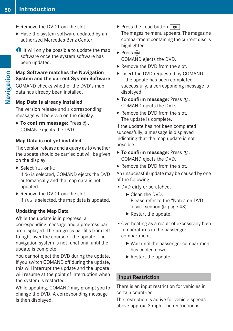 Input restriction, Navigation, Introduction | Mercedes-Benz E-Coupe 2010 COMAND Manual User Manual | Page 52 / 224