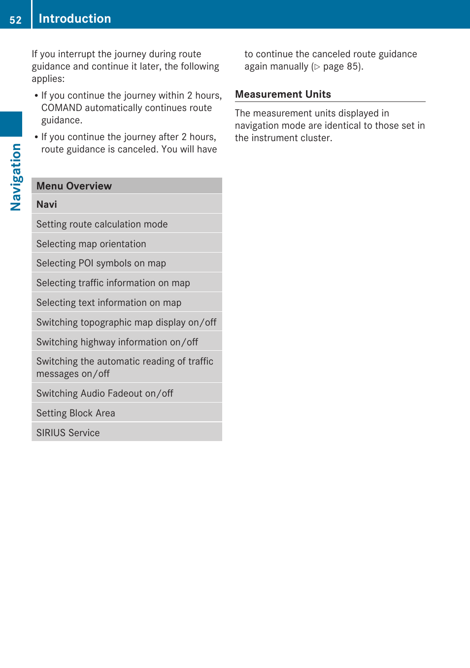 Menu overview, Navigation, Introduction | Mercedes-Benz E-Coupe 2010 COMAND Manual User Manual | Page 54 / 224