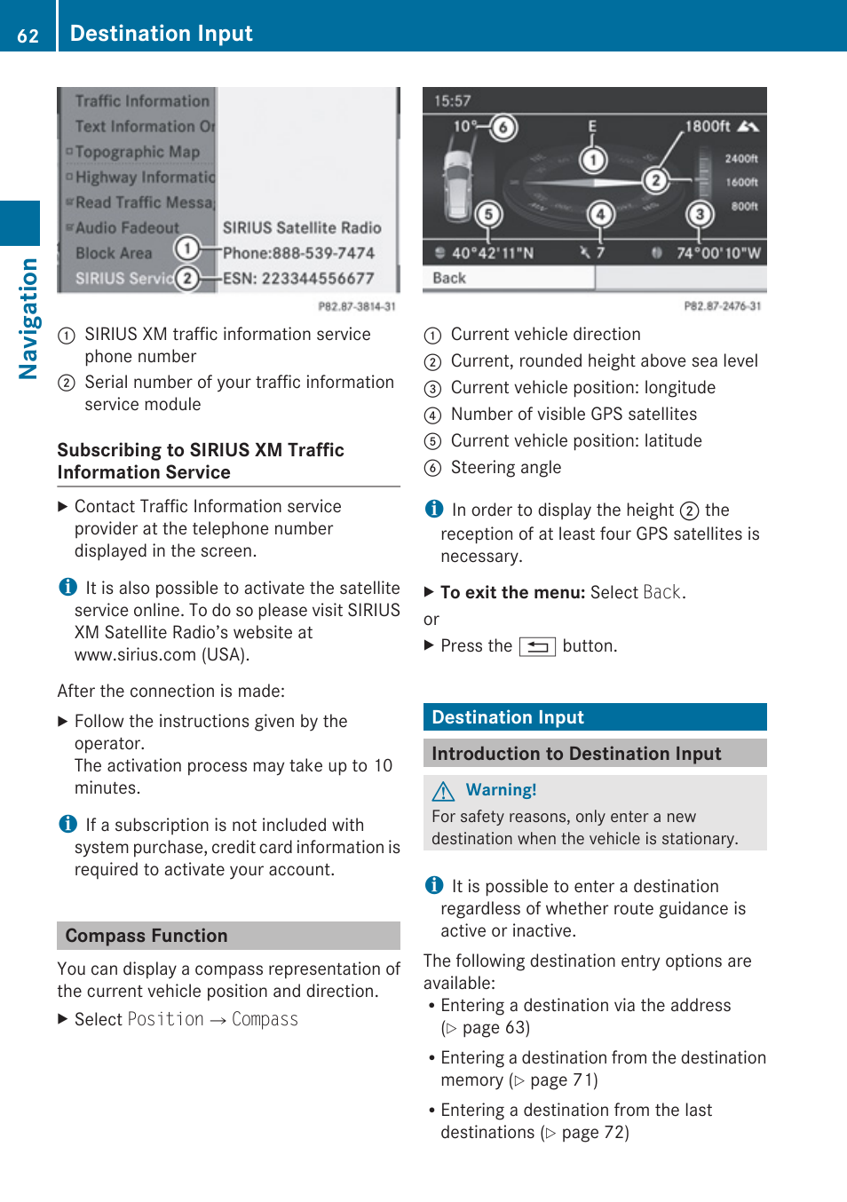 Compass function, Destination input, Introduction to destination input | Navigation | Mercedes-Benz E-Coupe 2010 COMAND Manual User Manual | Page 64 / 224