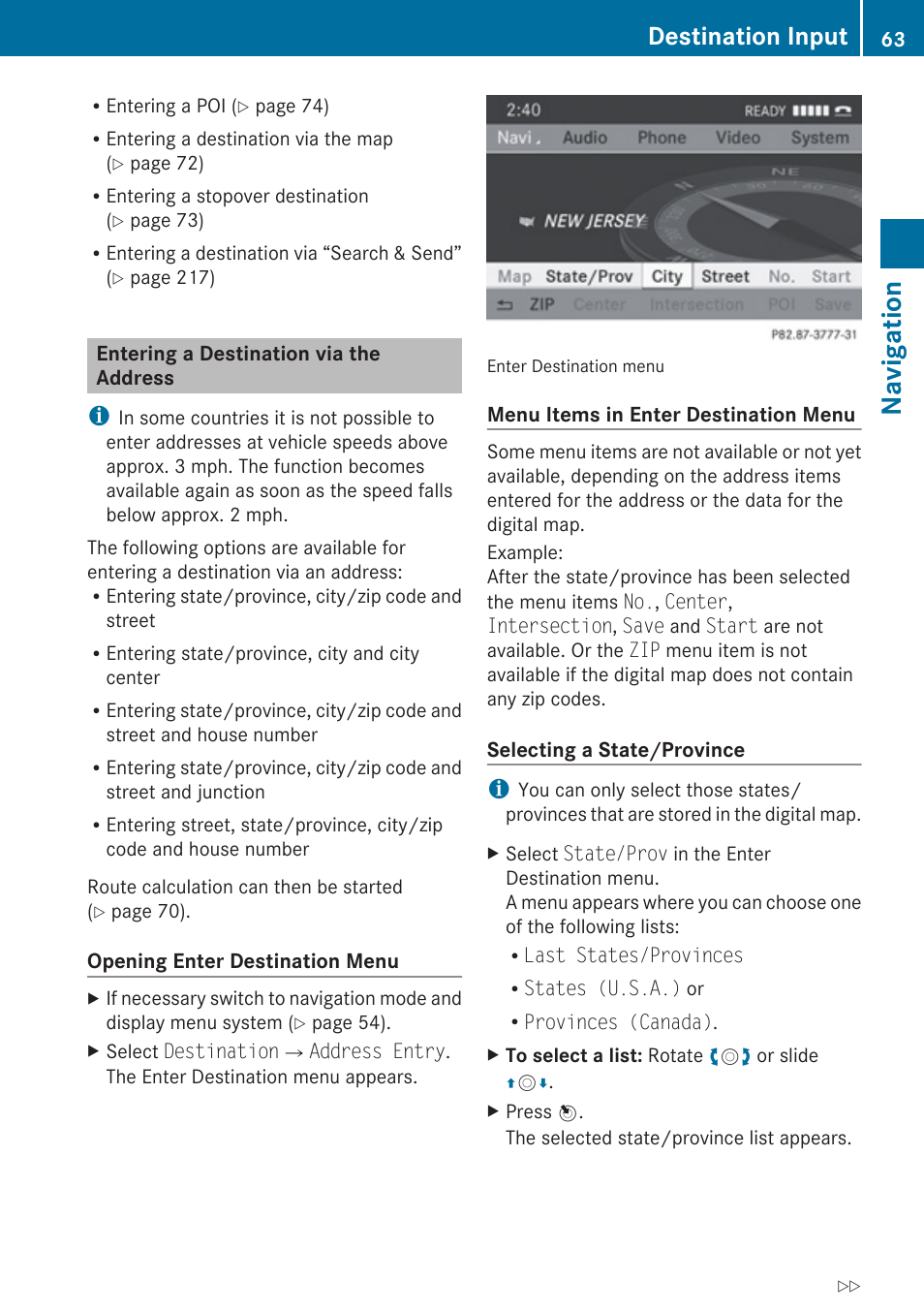 Entering a destination via the address, Navigation, Destination input | Mercedes-Benz E-Coupe 2010 COMAND Manual User Manual | Page 65 / 224