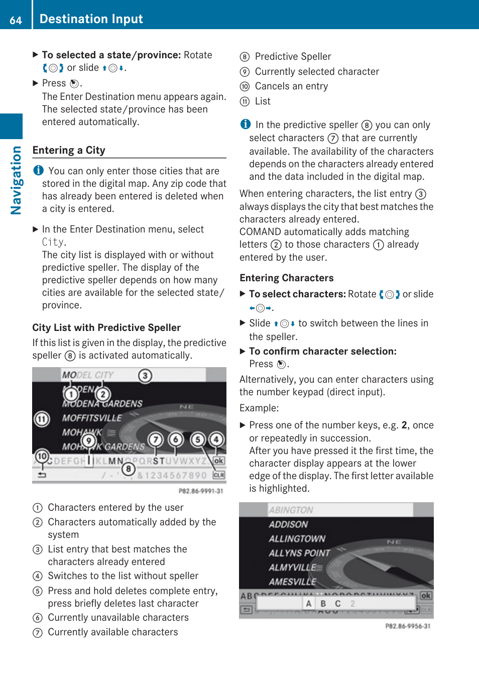 Navigation, Destination input | Mercedes-Benz E-Coupe 2010 COMAND Manual User Manual | Page 66 / 224