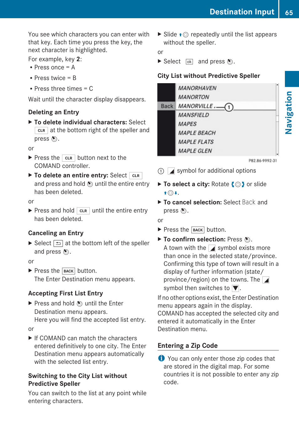 Navigation, Destination input | Mercedes-Benz E-Coupe 2010 COMAND Manual User Manual | Page 67 / 224