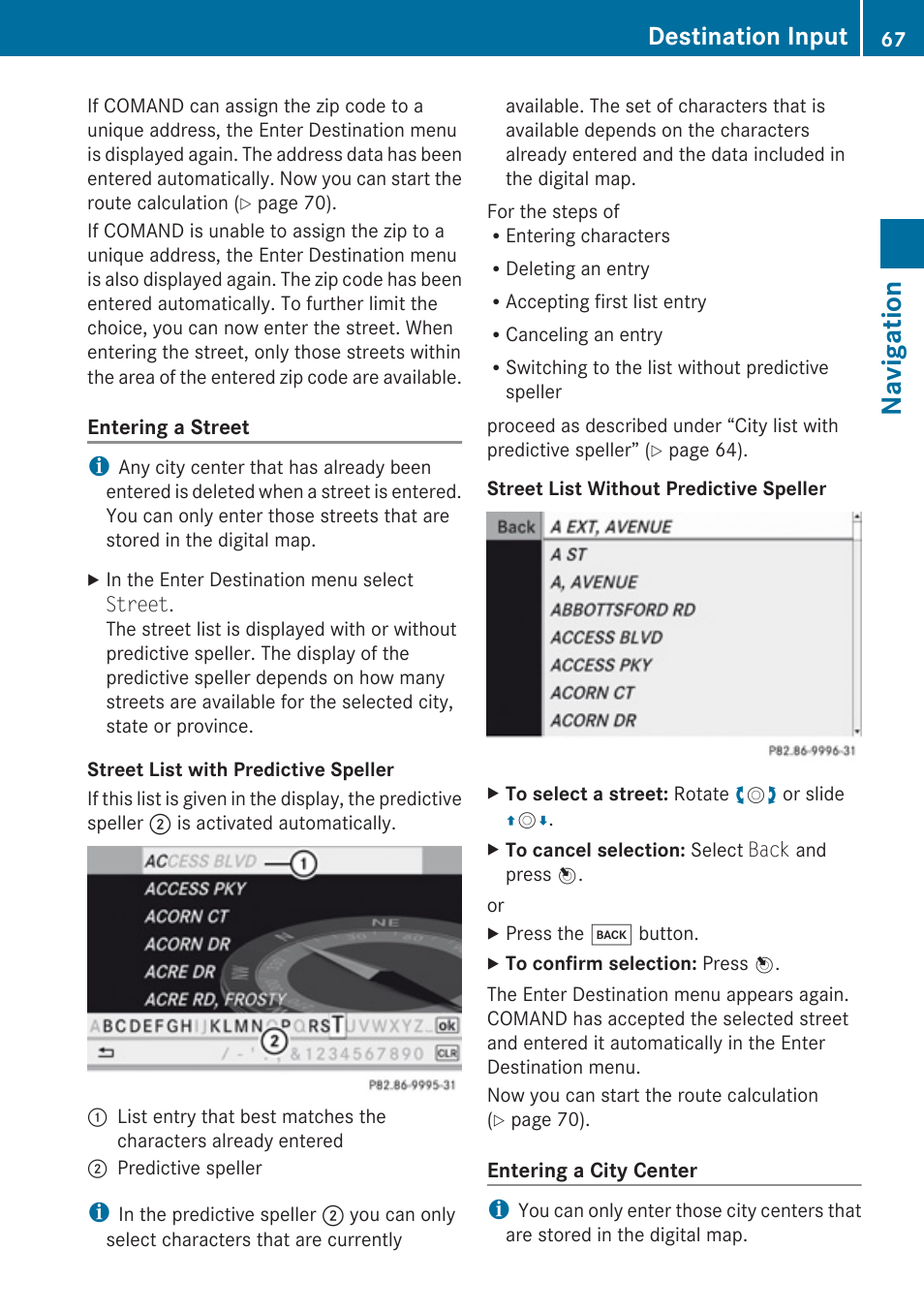 Navigation, Destination input | Mercedes-Benz E-Coupe 2010 COMAND Manual User Manual | Page 69 / 224