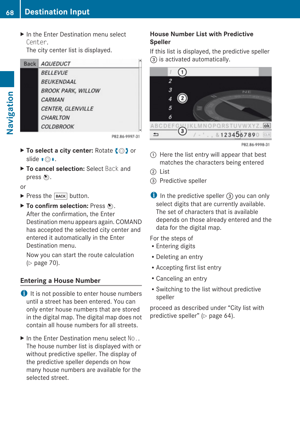 Navigation, Destination input | Mercedes-Benz E-Coupe 2010 COMAND Manual User Manual | Page 70 / 224