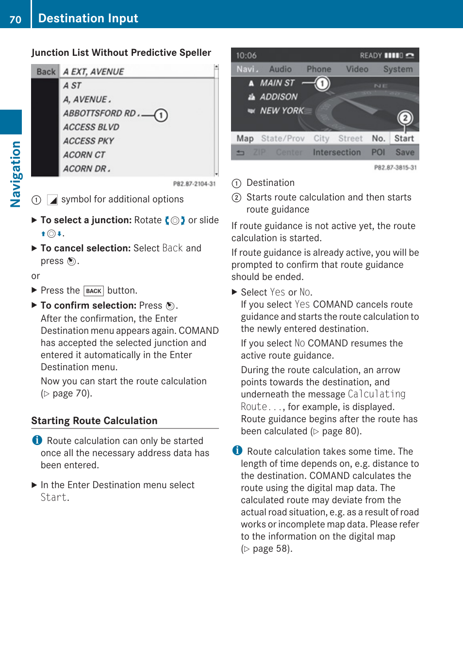 Route calculation, Navigation, Destination input | Mercedes-Benz E-Coupe 2010 COMAND Manual User Manual | Page 72 / 224