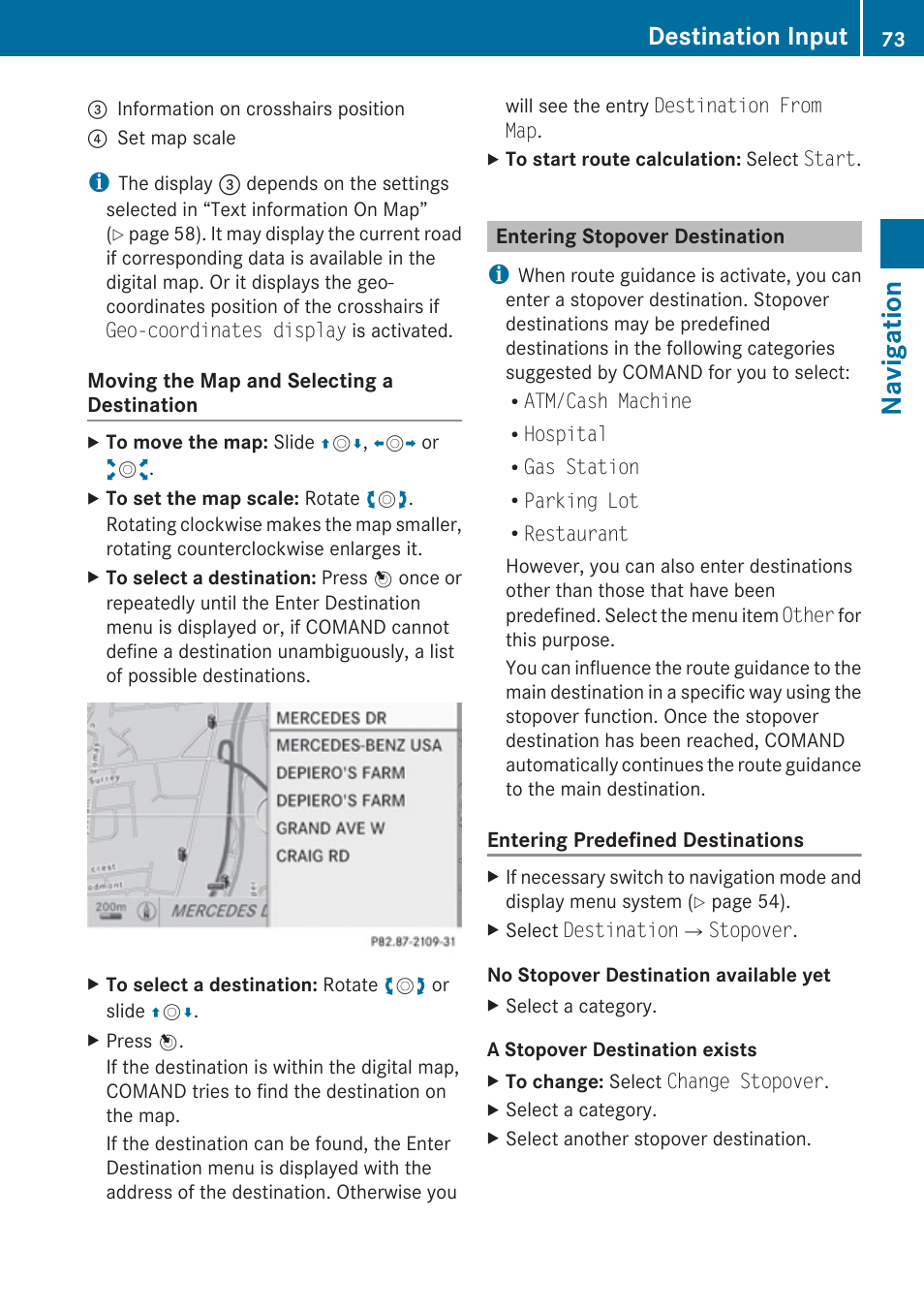 Entering stopover destination, Navigation, Destination input | Mercedes-Benz E-Coupe 2010 COMAND Manual User Manual | Page 75 / 224