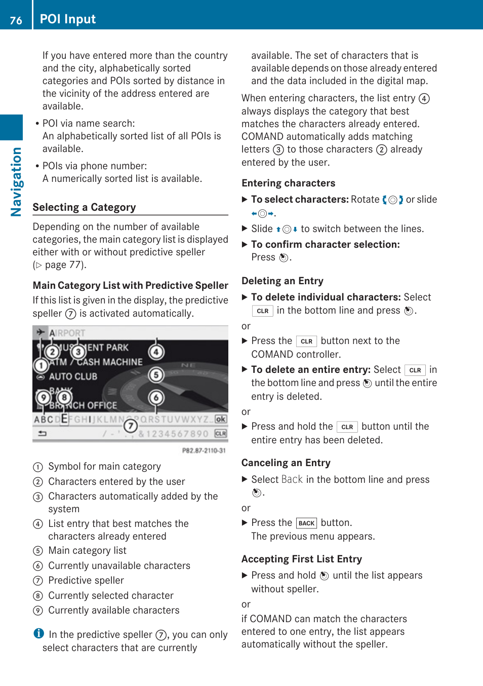 For points of interest (pois) , 78, Navigation, Poi input | Mercedes-Benz E-Coupe 2010 COMAND Manual User Manual | Page 78 / 224