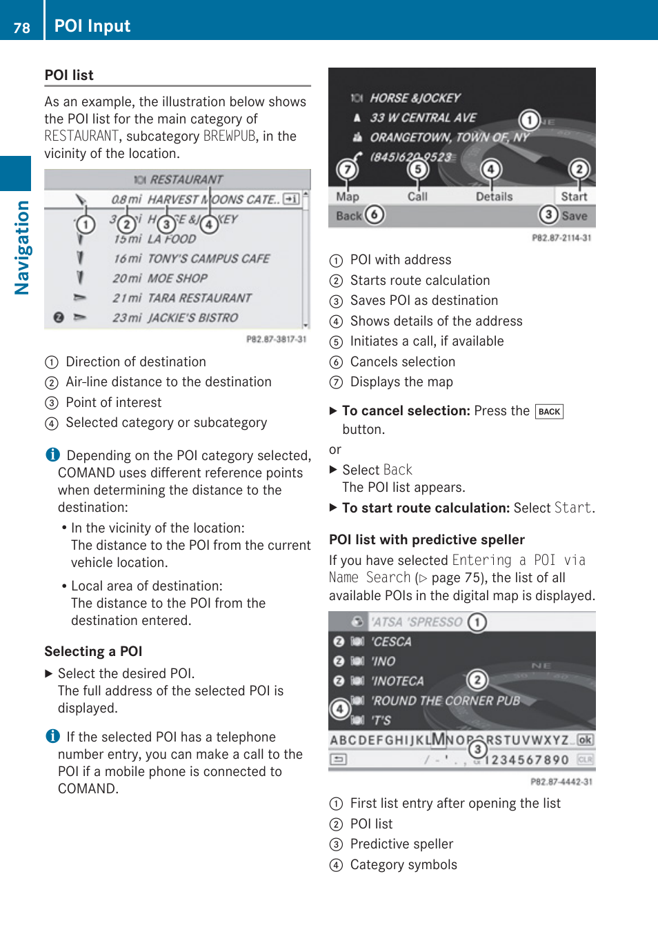 Predictive speller” section, Navigation, Poi input | Mercedes-Benz E-Coupe 2010 COMAND Manual User Manual | Page 80 / 224