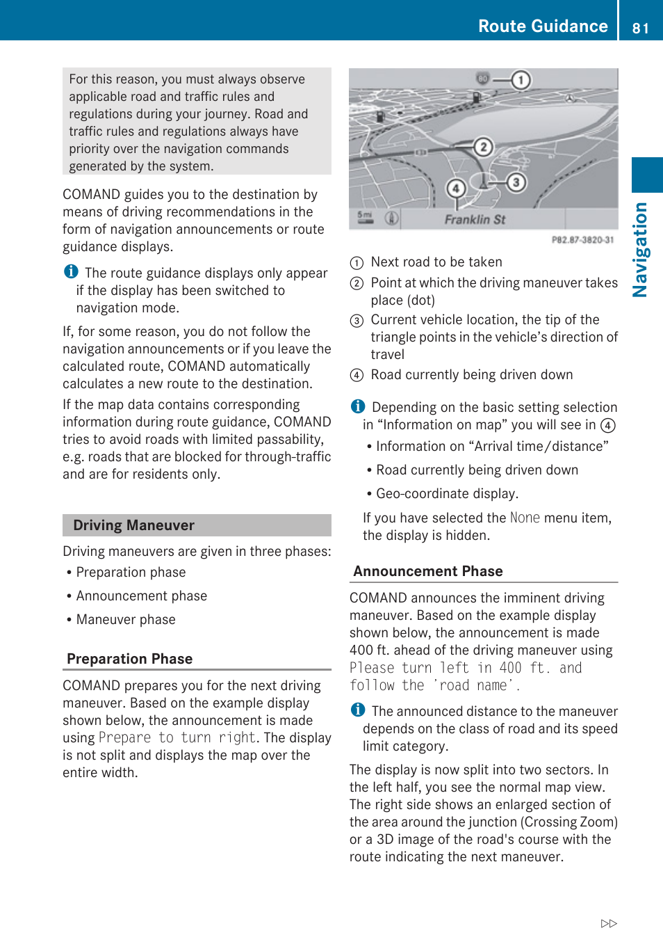 Driving maneuver, Navigation, Route guidance | Mercedes-Benz E-Coupe 2010 COMAND Manual User Manual | Page 83 / 224