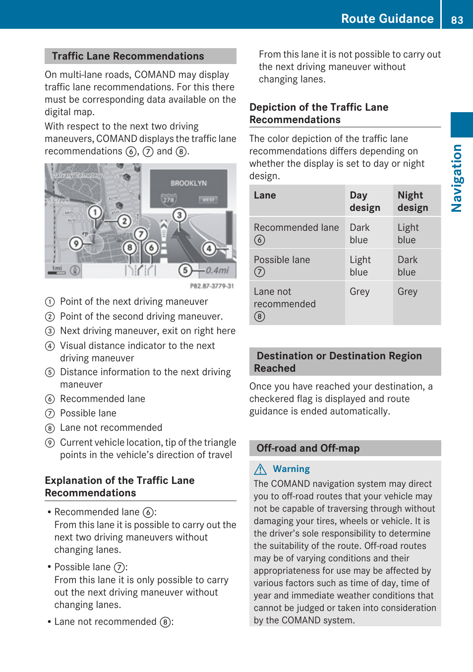 Traffic lane recommendations, Destination or destination region reached, Off-road and off-map | Navigation, Route guidance | Mercedes-Benz E-Coupe 2010 COMAND Manual User Manual | Page 85 / 224