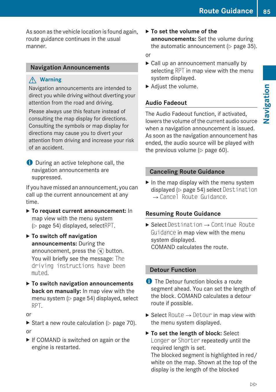 Navigation announcements, Canceling route guidance, Detour function | Navigation, Route guidance | Mercedes-Benz E-Coupe 2010 COMAND Manual User Manual | Page 87 / 224