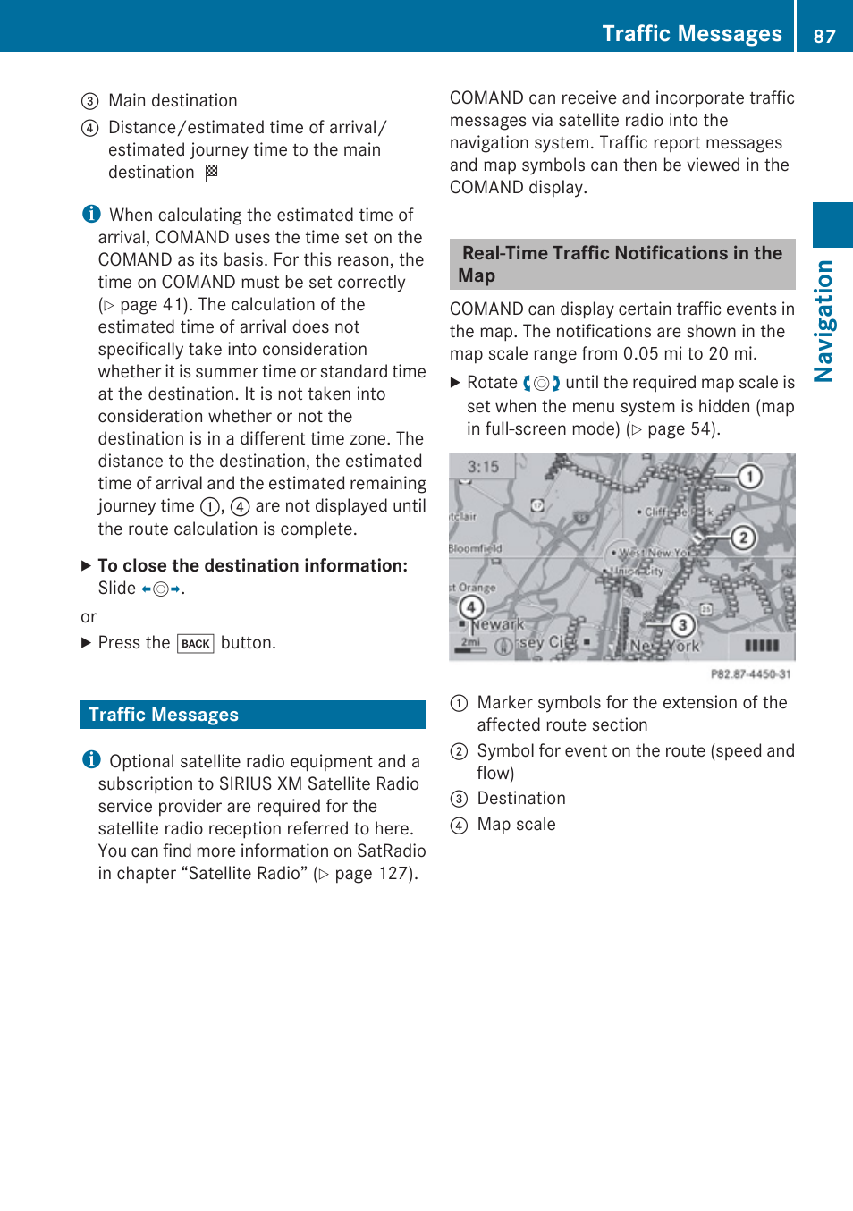 Traffic messages, Real-time traffic notifications in the map, Navigation | Mercedes-Benz E-Coupe 2010 COMAND Manual User Manual | Page 89 / 224