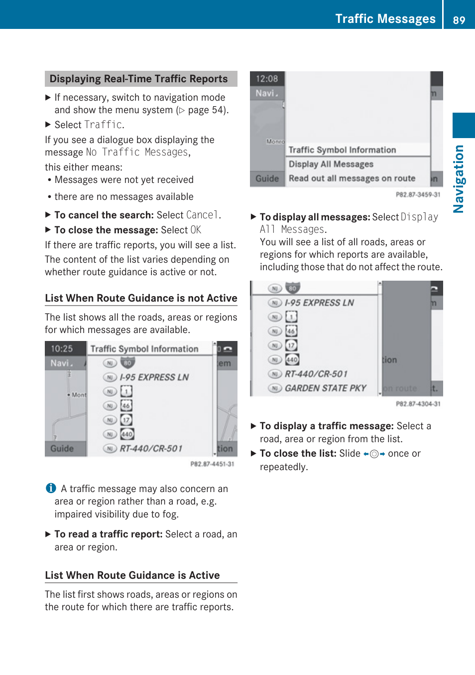 Displaying real-time traffic reports, Navigation, Traffic messages | Mercedes-Benz E-Coupe 2010 COMAND Manual User Manual | Page 91 / 224
