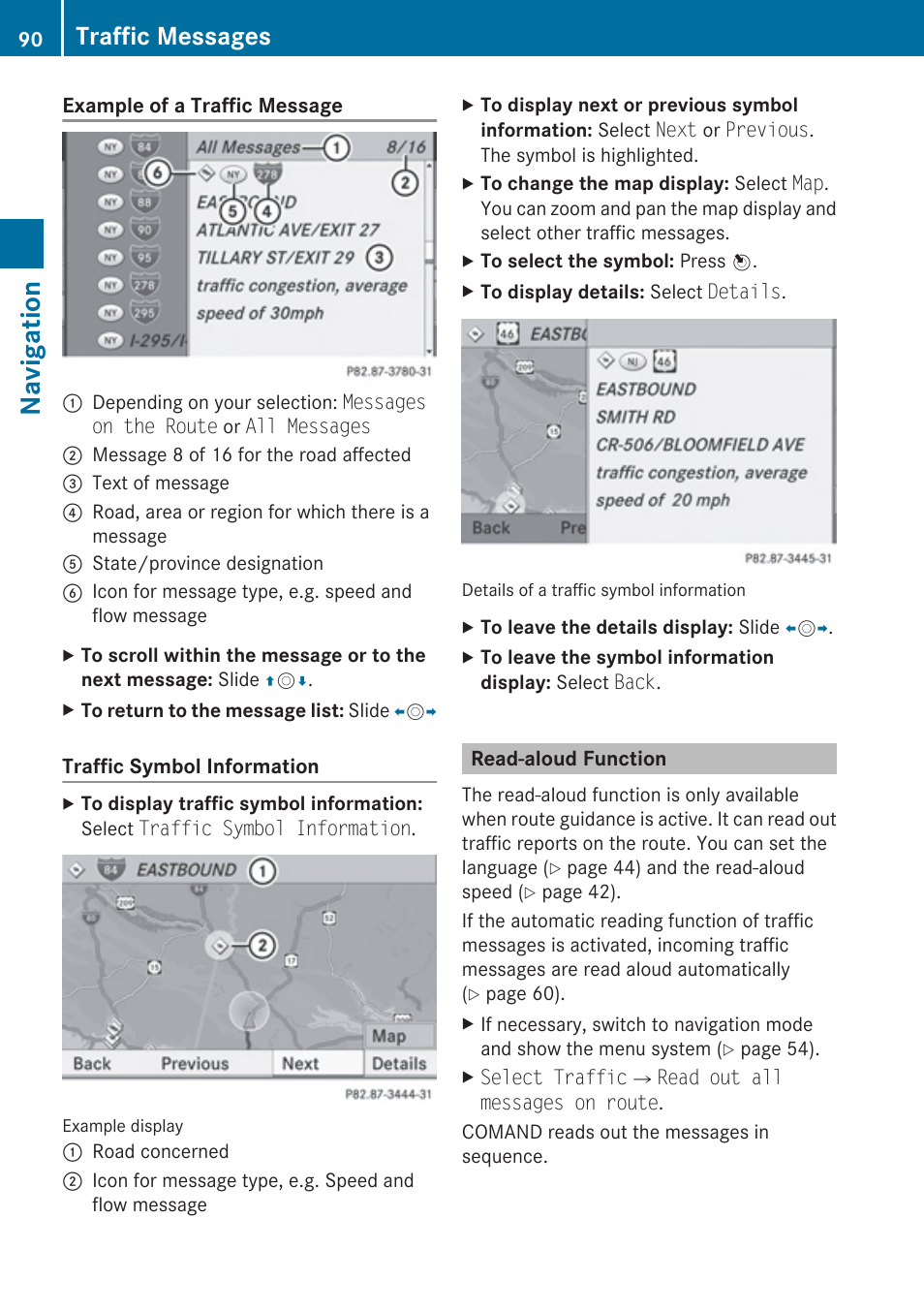 Read-aloud function, Navigation, Traffic messages | Mercedes-Benz E-Coupe 2010 COMAND Manual User Manual | Page 92 / 224