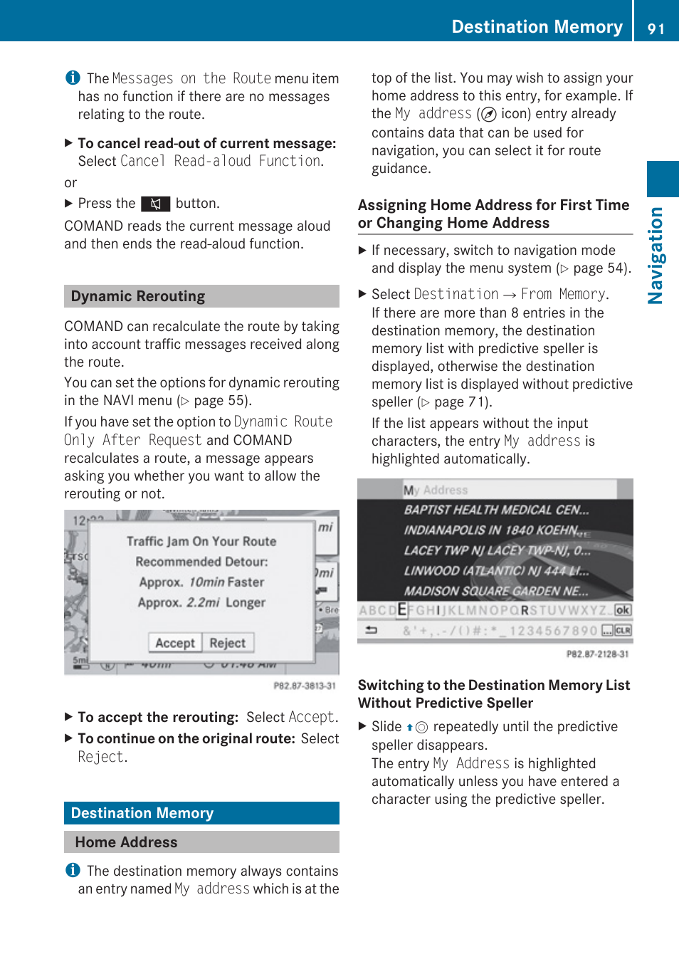 Dynamic rerouting, Destination memory, Home address | Guidance, Navigation | Mercedes-Benz E-Coupe 2010 COMAND Manual User Manual | Page 93 / 224