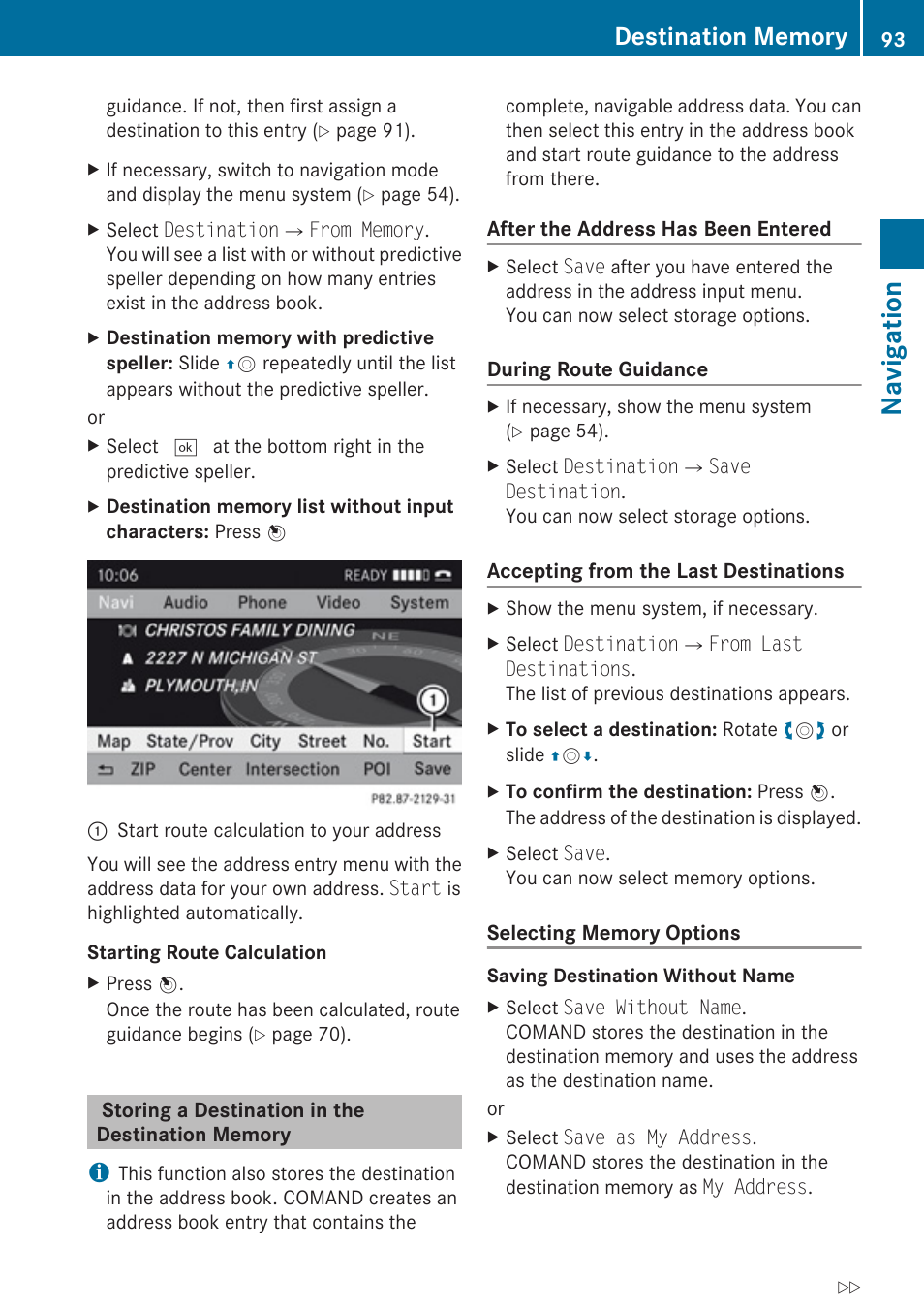 Storing a destination in the destination memory, Navigation | Mercedes-Benz E-Coupe 2010 COMAND Manual User Manual | Page 95 / 224