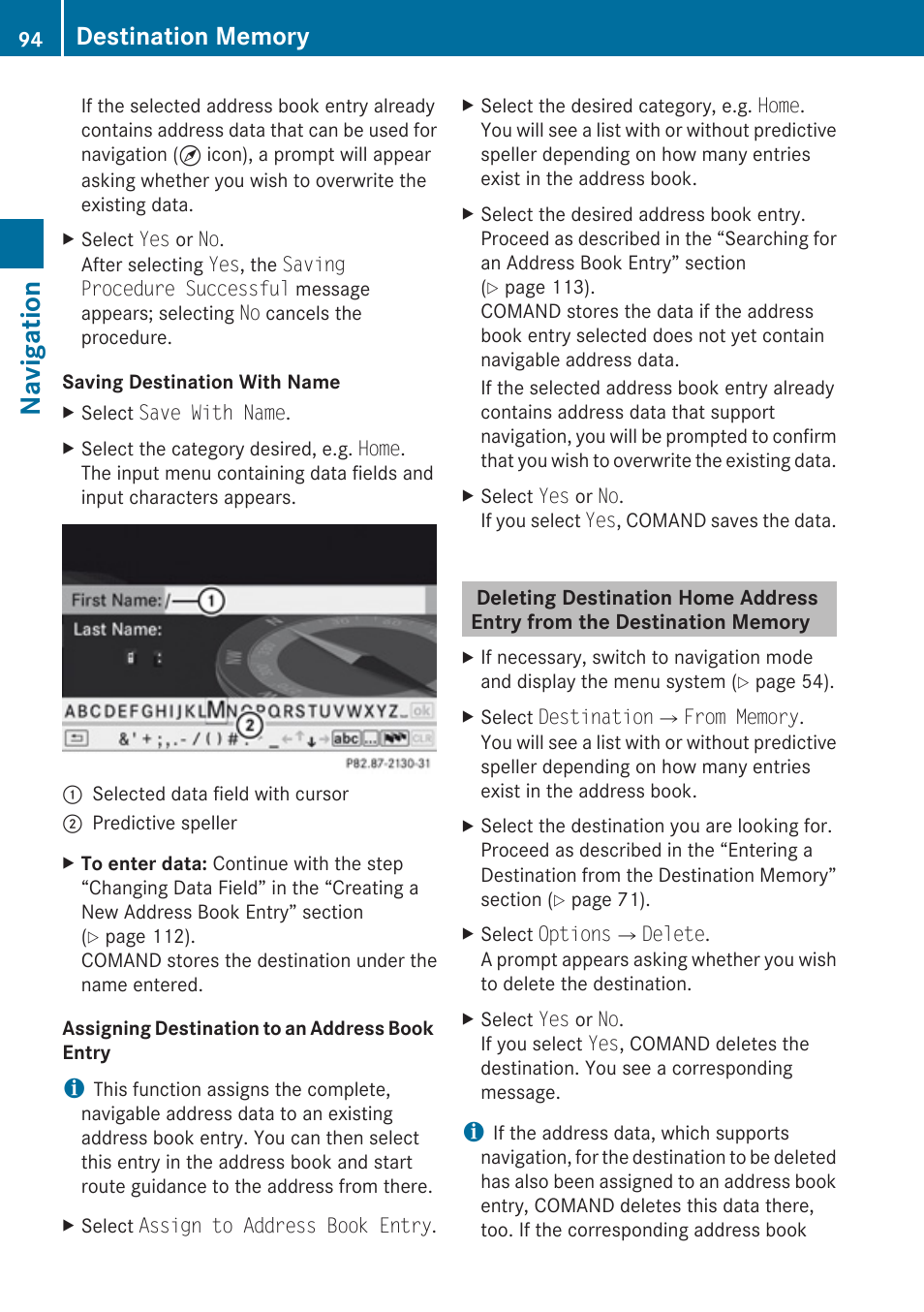 Book entry, Navigation | Mercedes-Benz E-Coupe 2010 COMAND Manual User Manual | Page 96 / 224