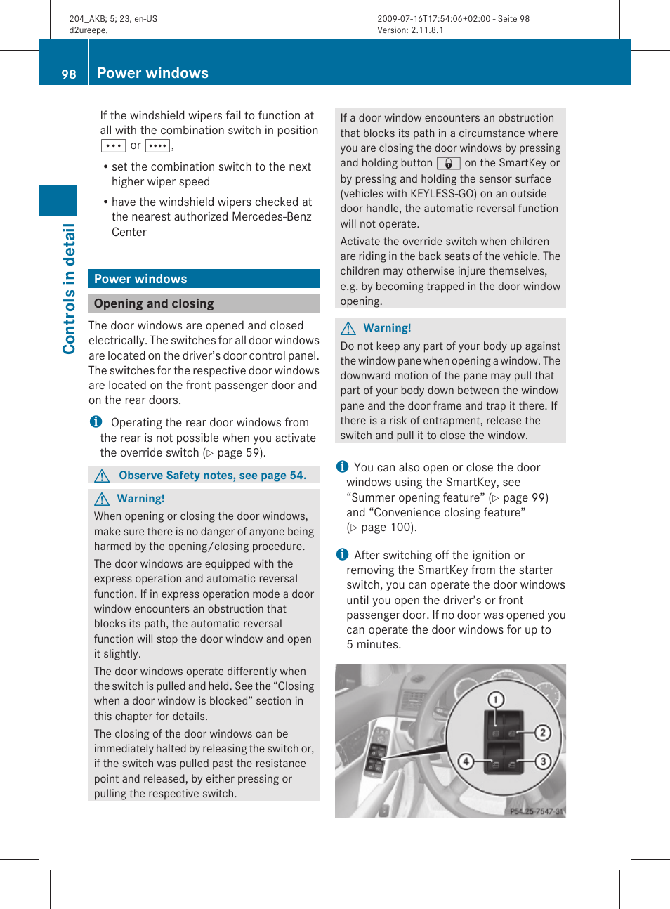 Power windows, Opening and closing, Controls in detail | Mercedes-Benz C-Class 2010 Owners Manual User Manual | Page 100 / 364