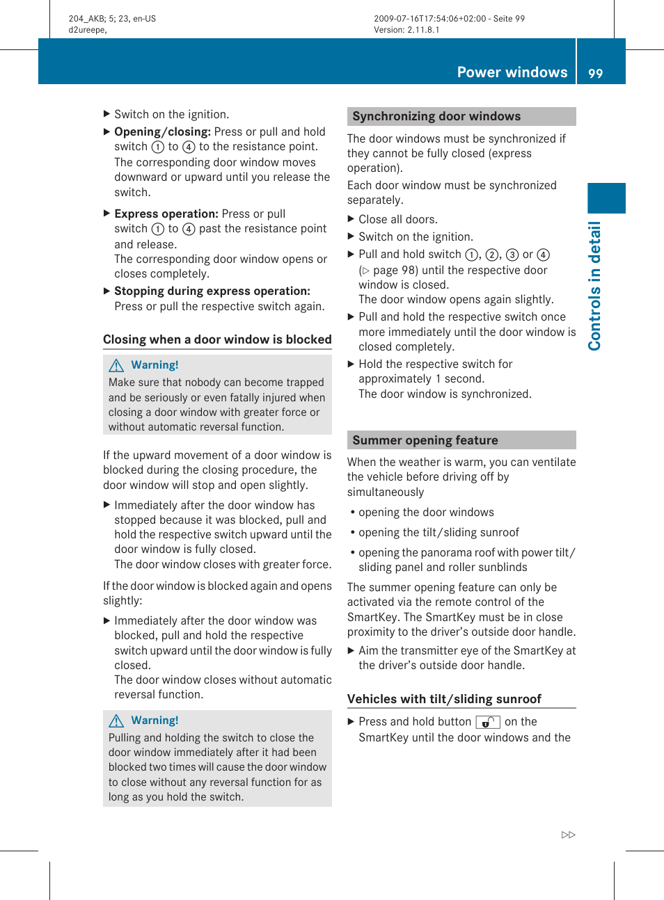 Synchronizing door windows, Summer opening feature, Controls in detail | Power windows | Mercedes-Benz C-Class 2010 Owners Manual User Manual | Page 101 / 364