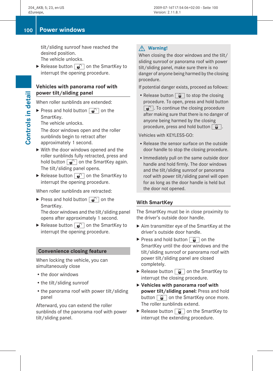 Convenience closing feature, Controls in detail, Power windows | Mercedes-Benz C-Class 2010 Owners Manual User Manual | Page 102 / 364
