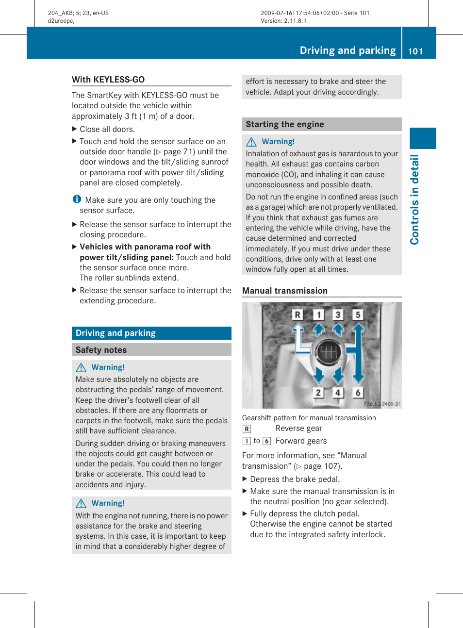 Driving and parking, Safety notes, Starting the engine | Controls in detail | Mercedes-Benz C-Class 2010 Owners Manual User Manual | Page 103 / 364