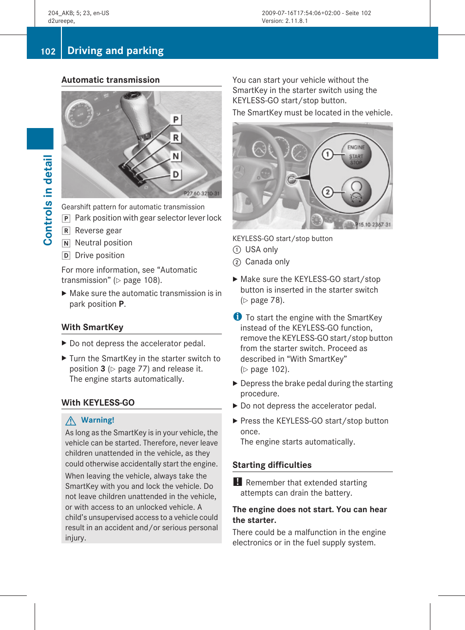 Controls in detail, Driving and parking | Mercedes-Benz C-Class 2010 Owners Manual User Manual | Page 104 / 364