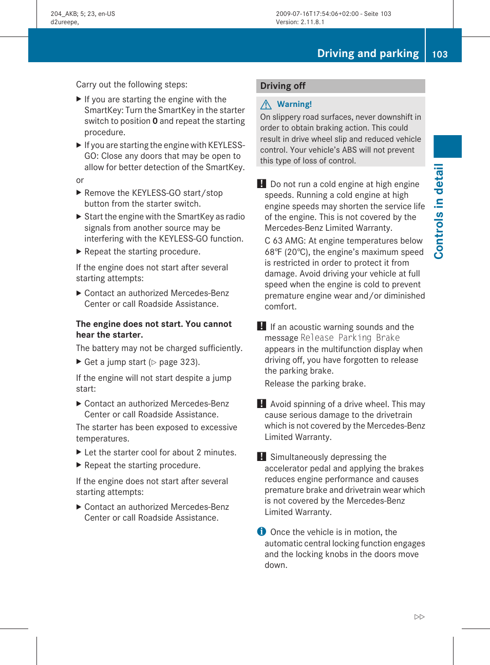 Driving off, Controls in detail, Driving and parking | Mercedes-Benz C-Class 2010 Owners Manual User Manual | Page 105 / 364