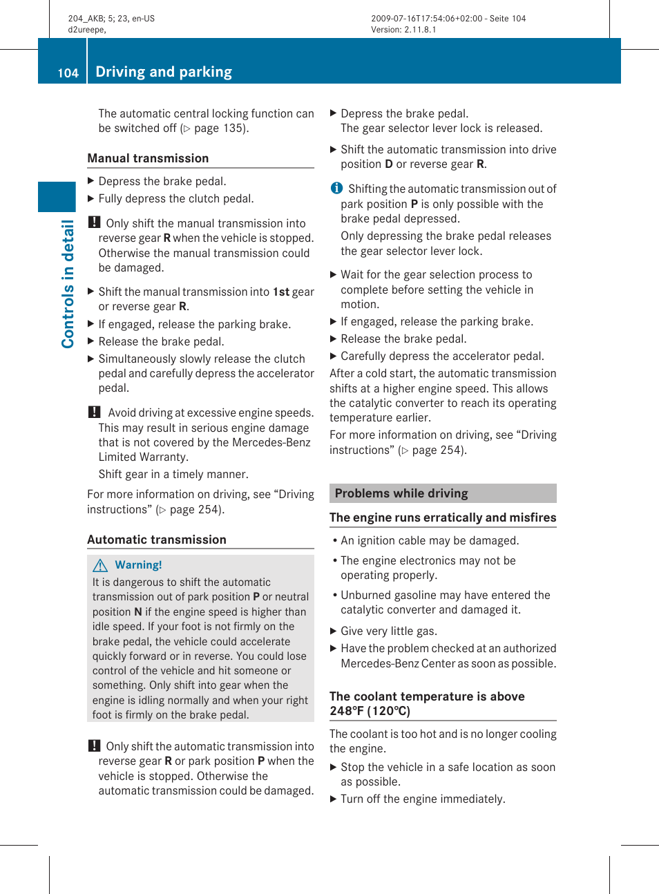 Problems while driving, Controls in detail, Driving and parking | Mercedes-Benz C-Class 2010 Owners Manual User Manual | Page 106 / 364