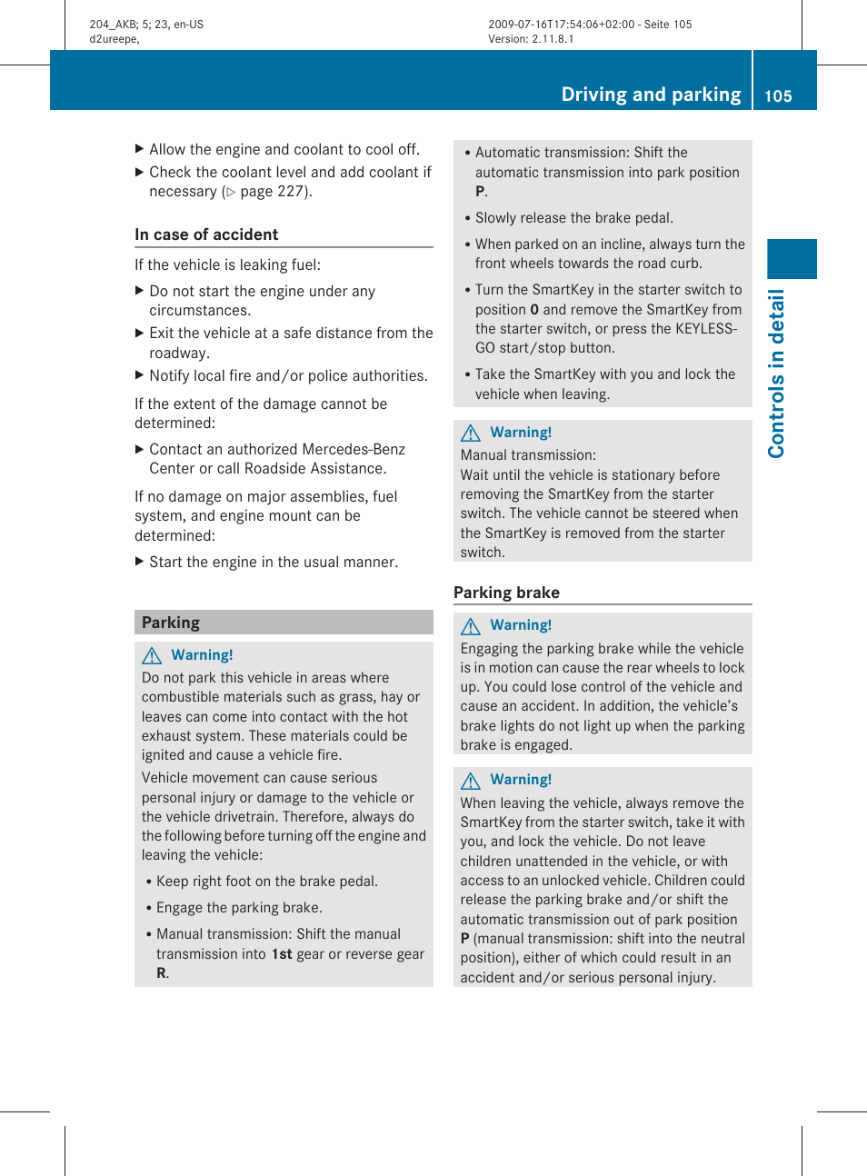 Parking, Controls in detail, Driving and parking | Mercedes-Benz C-Class 2010 Owners Manual User Manual | Page 107 / 364