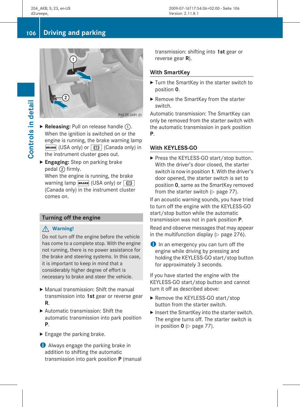 Turning off the engine, Controls in detail, Driving and parking | Mercedes-Benz C-Class 2010 Owners Manual User Manual | Page 108 / 364