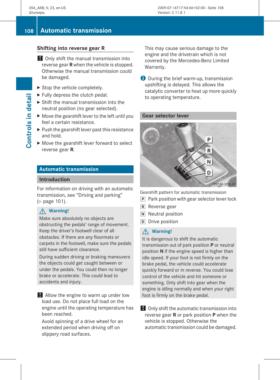 Automatic transmission, Introduction, Gear selector lever | Transmission, Controls in detail | Mercedes-Benz C-Class 2010 Owners Manual User Manual | Page 110 / 364