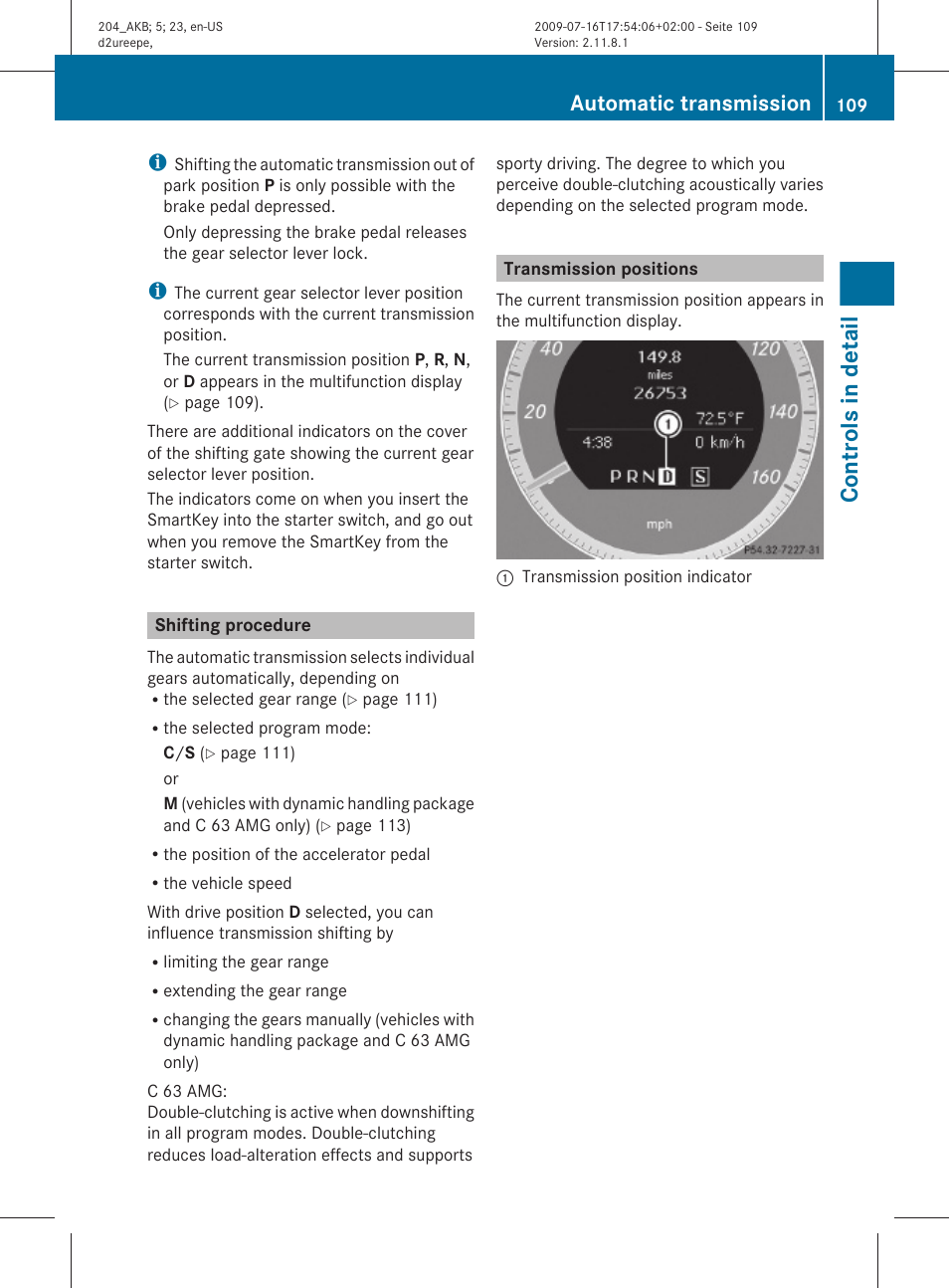 Shifting procedure, Transmission positions, Controls in detail | Automatic transmission | Mercedes-Benz C-Class 2010 Owners Manual User Manual | Page 111 / 364