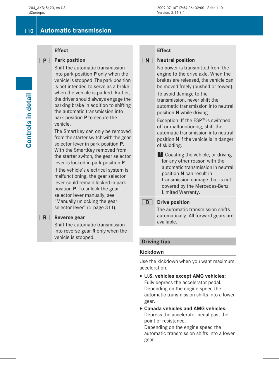 Driving tips, Controls in detail, Automatic transmission | Mercedes-Benz C-Class 2010 Owners Manual User Manual | Page 112 / 364