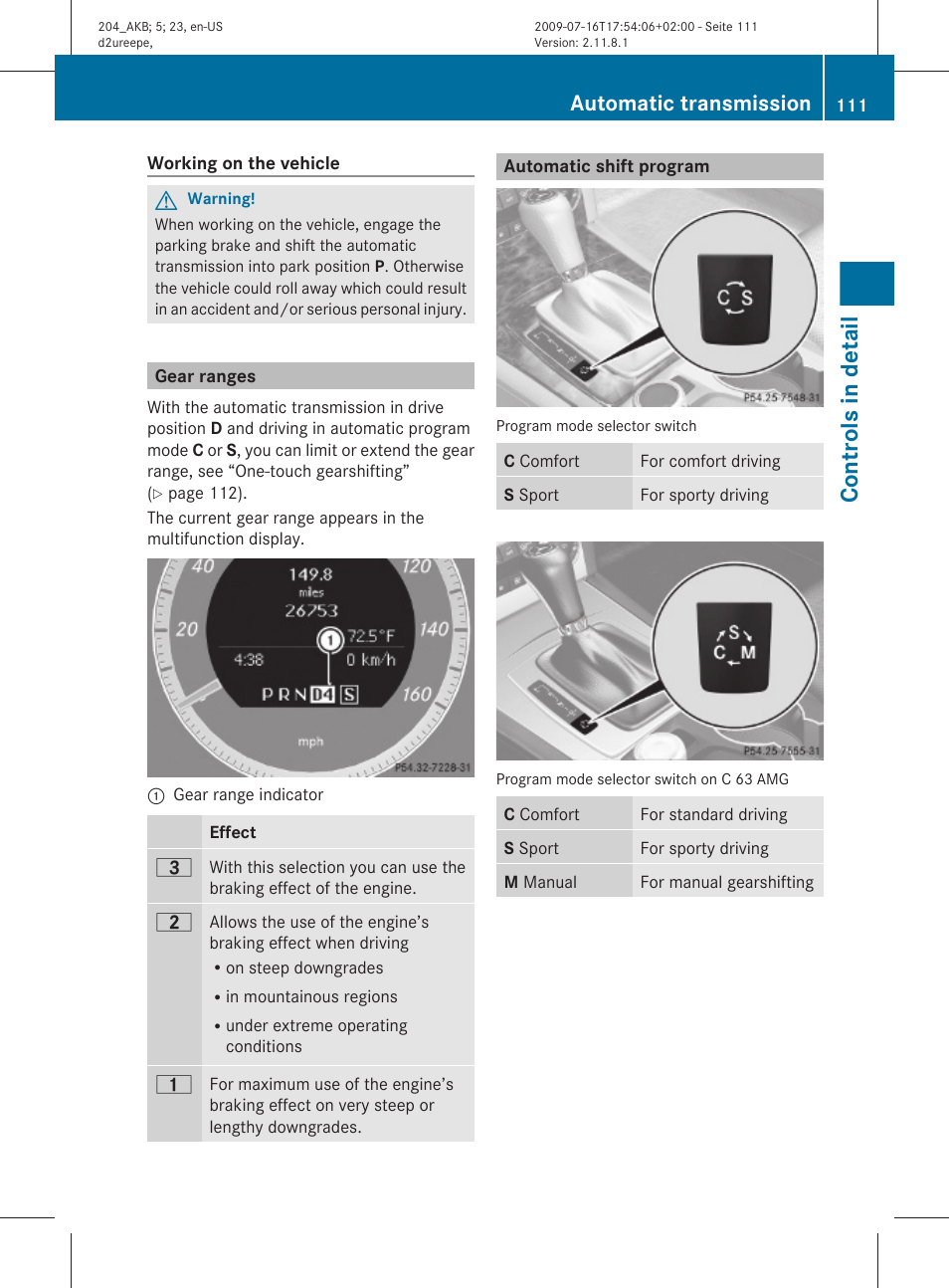 Gear ranges, Automatic shift program, The selected gear range | Controls in detail, Automatic transmission | Mercedes-Benz C-Class 2010 Owners Manual User Manual | Page 113 / 364