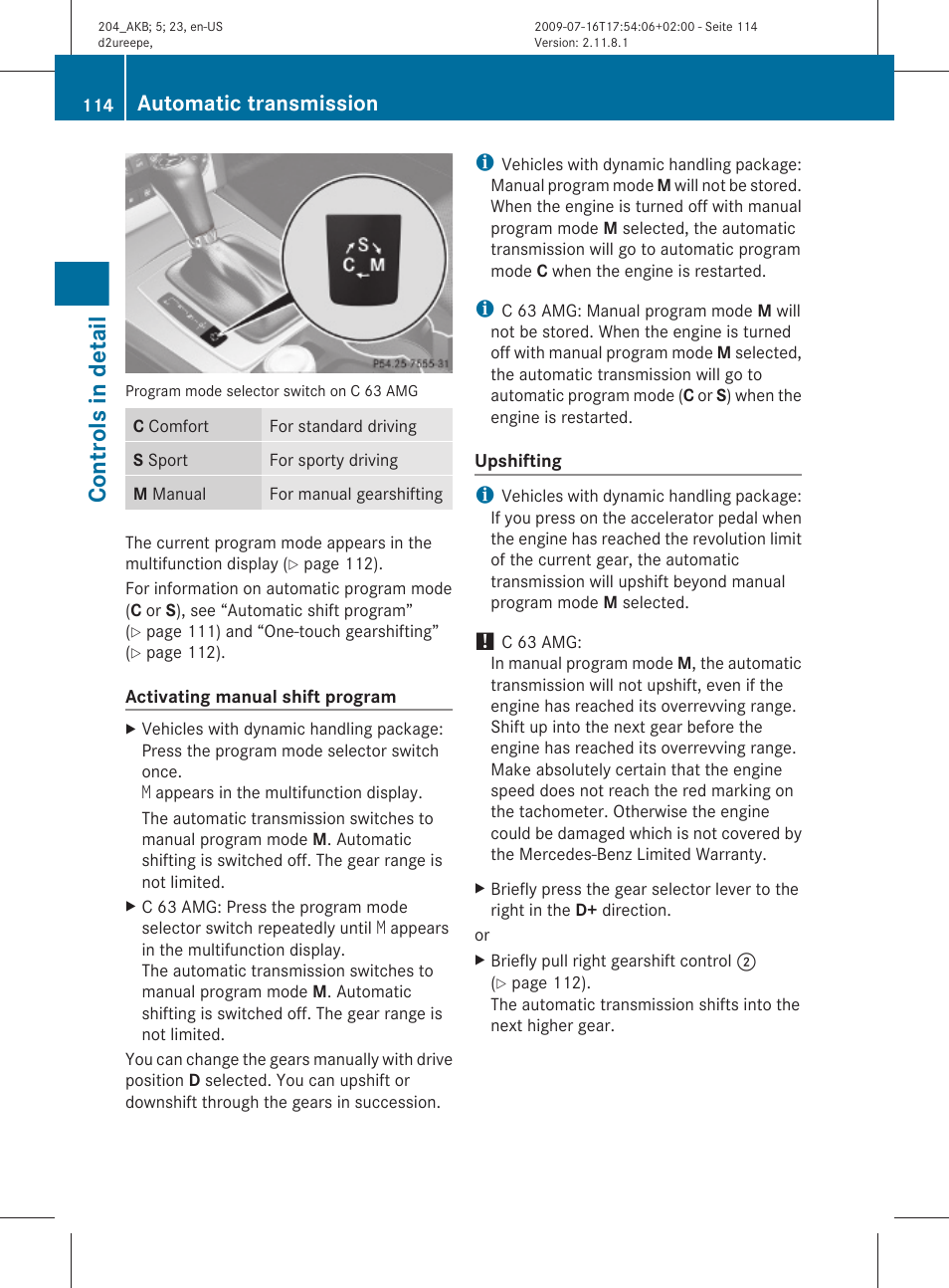 Controls in detail, Automatic transmission | Mercedes-Benz C-Class 2010 Owners Manual User Manual | Page 116 / 364