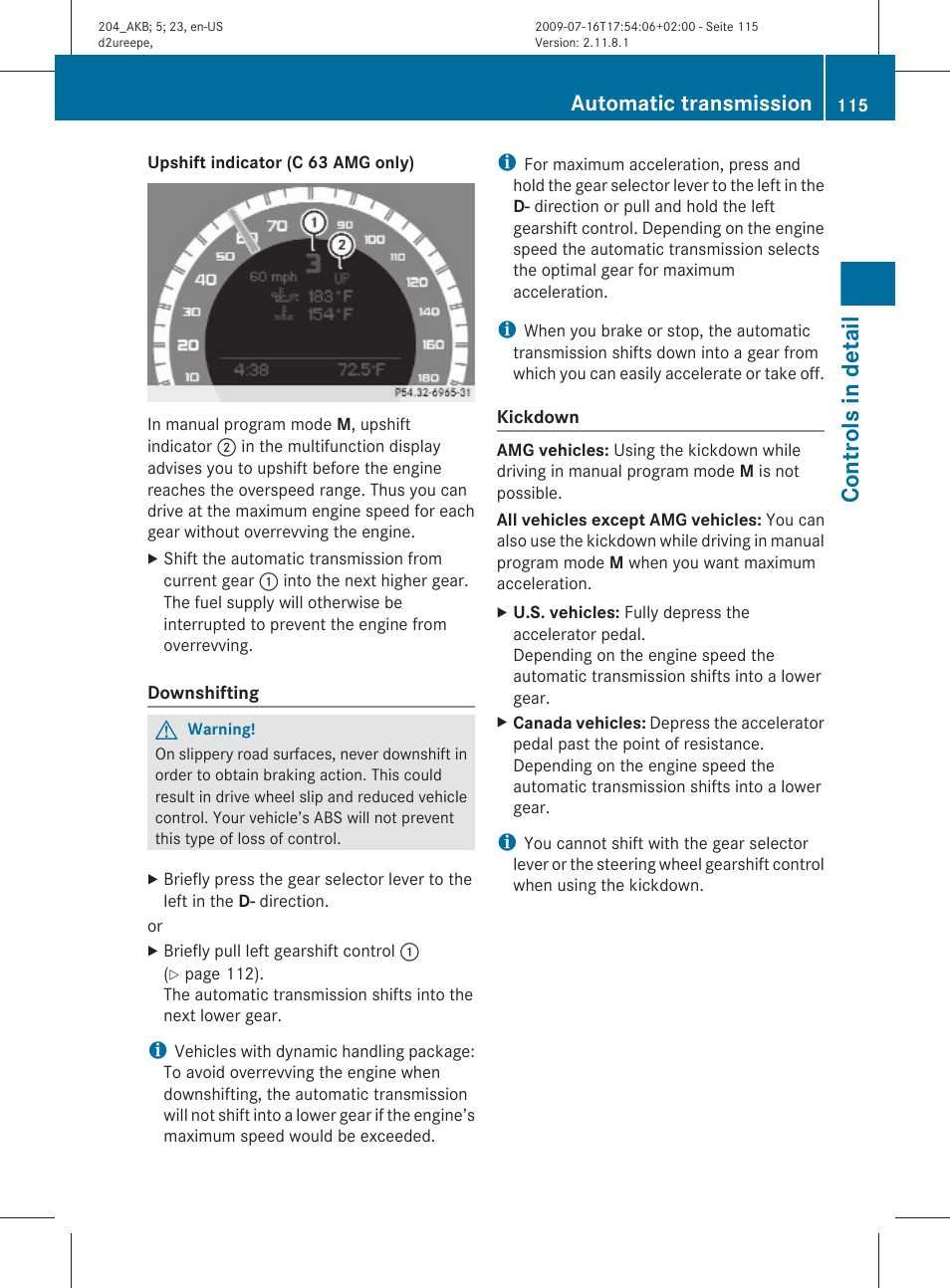 Controls in detail, Automatic transmission | Mercedes-Benz C-Class 2010 Owners Manual User Manual | Page 117 / 364