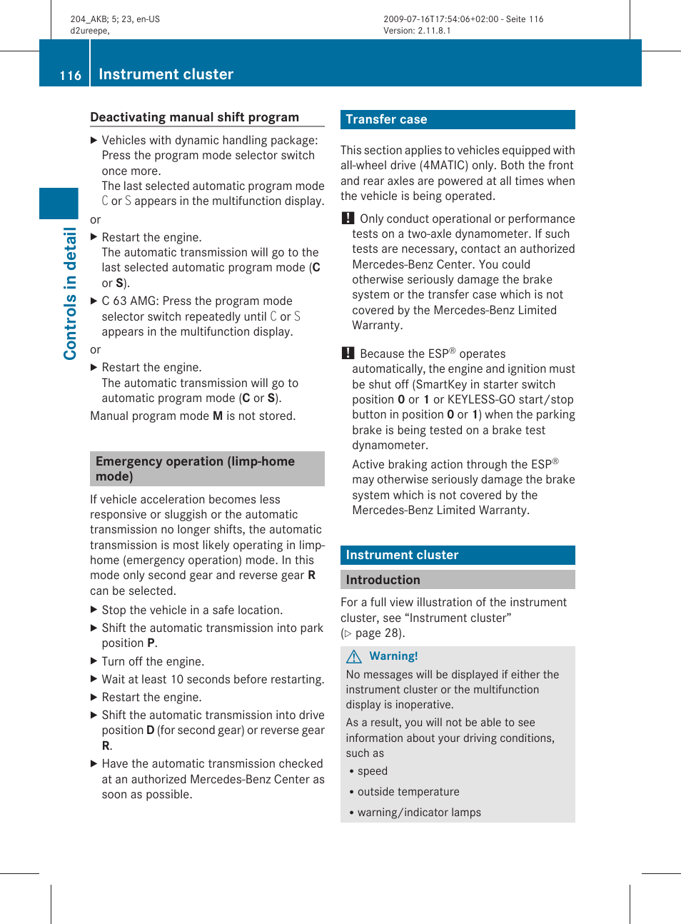 Emergency operation (limp-home mode), Transfer case, Instrument cluster | Introduction, Controls in detail | Mercedes-Benz C-Class 2010 Owners Manual User Manual | Page 118 / 364