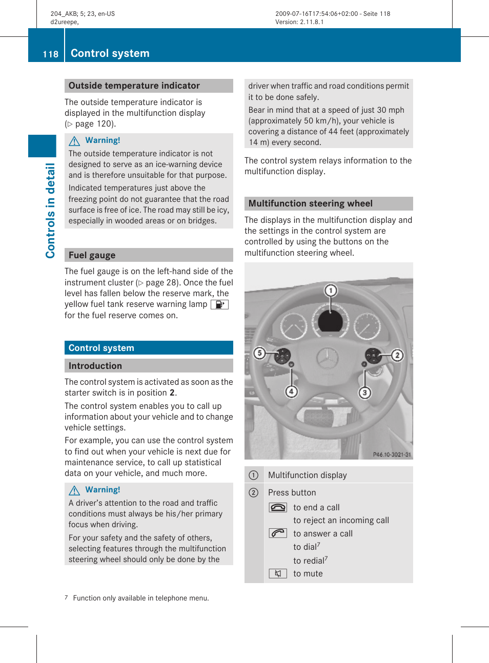 Outside temperature indicator, Fuel gauge, Control system | Introduction, Multifunction steering wheel, Controls in detail | Mercedes-Benz C-Class 2010 Owners Manual User Manual | Page 120 / 364