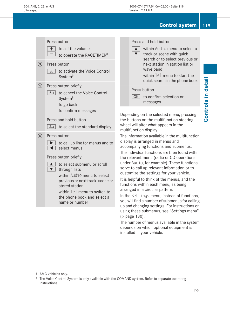 Controls in detail, Control system | Mercedes-Benz C-Class 2010 Owners Manual User Manual | Page 121 / 364