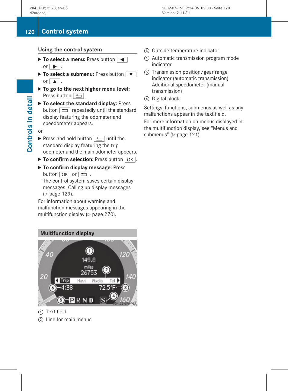Multifunction display, Controls in detail, Control system | Mercedes-Benz C-Class 2010 Owners Manual User Manual | Page 122 / 364