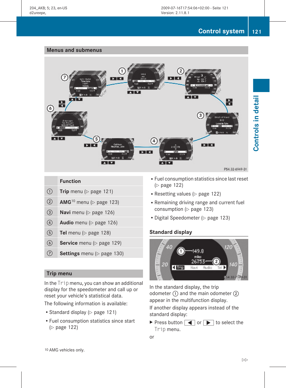 Menus and submenus, Trip menu, Controls in detail | Control system | Mercedes-Benz C-Class 2010 Owners Manual User Manual | Page 123 / 364