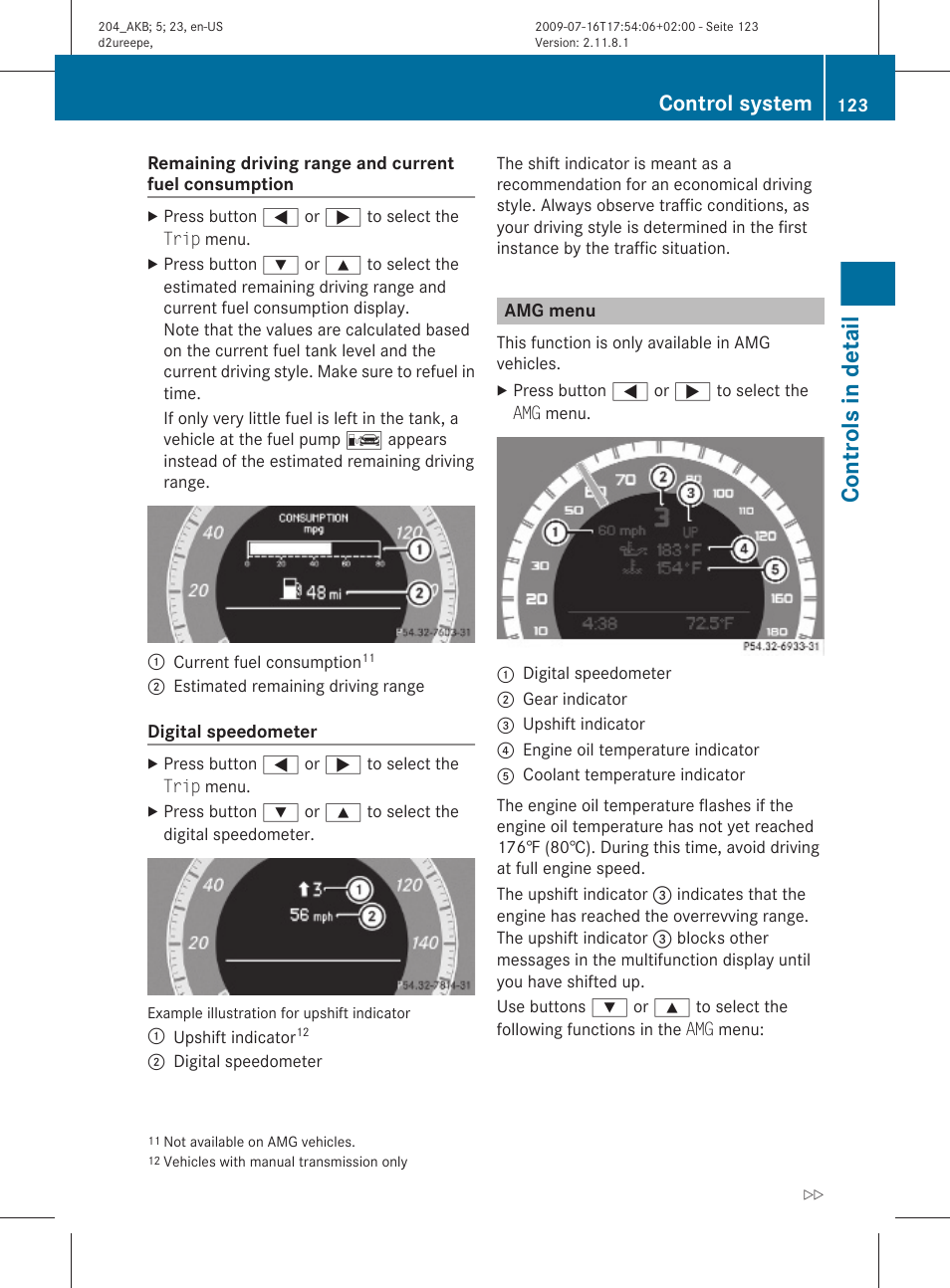 Amg menu, Menu, Consumption | Digital speedometer, Controls in detail, Control system | Mercedes-Benz C-Class 2010 Owners Manual User Manual | Page 125 / 364