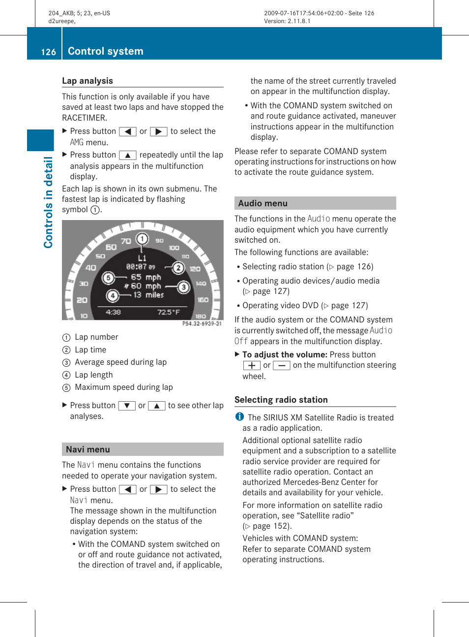 Navi menu, Audio menu, Menu | Controls in detail, Control system | Mercedes-Benz C-Class 2010 Owners Manual User Manual | Page 128 / 364