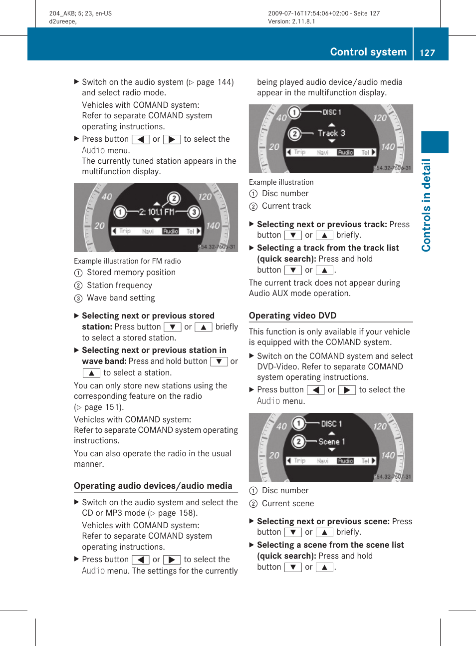 Operating video dvd, Controls in detail, Control system | Mercedes-Benz C-Class 2010 Owners Manual User Manual | Page 129 / 364