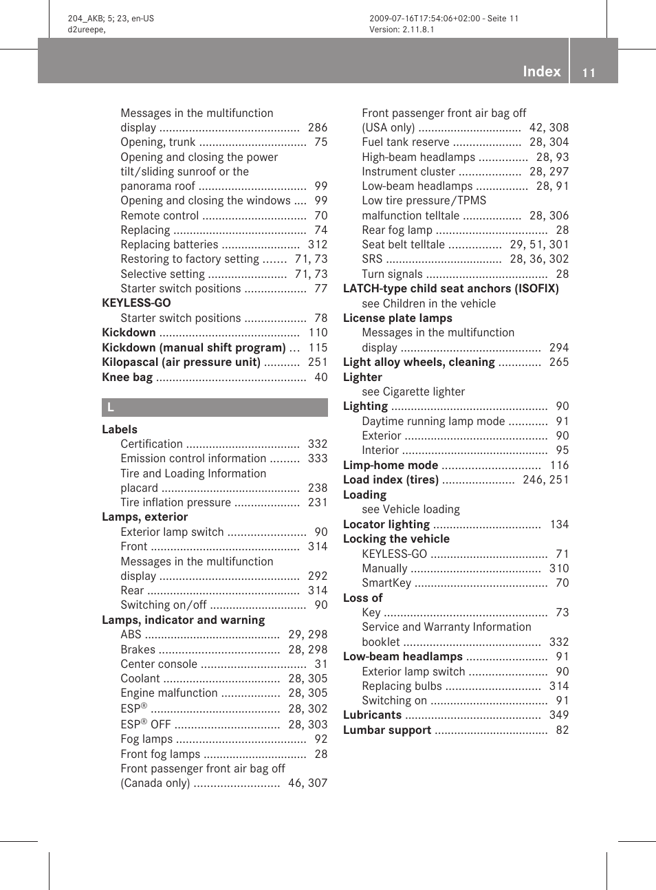 Index | Mercedes-Benz C-Class 2010 Owners Manual User Manual | Page 13 / 364