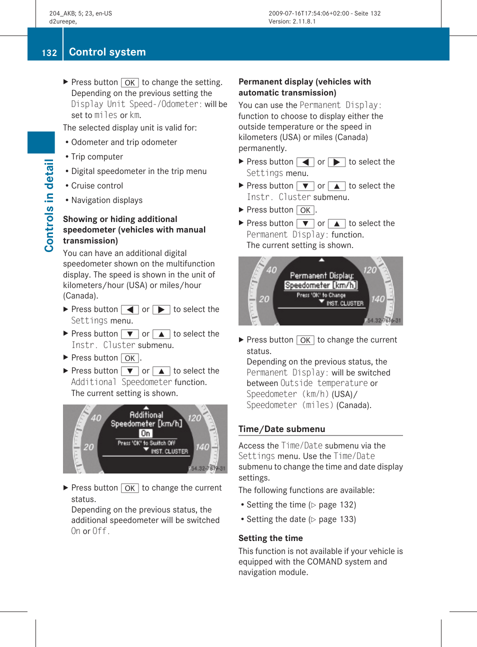 Outside temperature), Controls in detail, Control system | Mercedes-Benz C-Class 2010 Owners Manual User Manual | Page 134 / 364