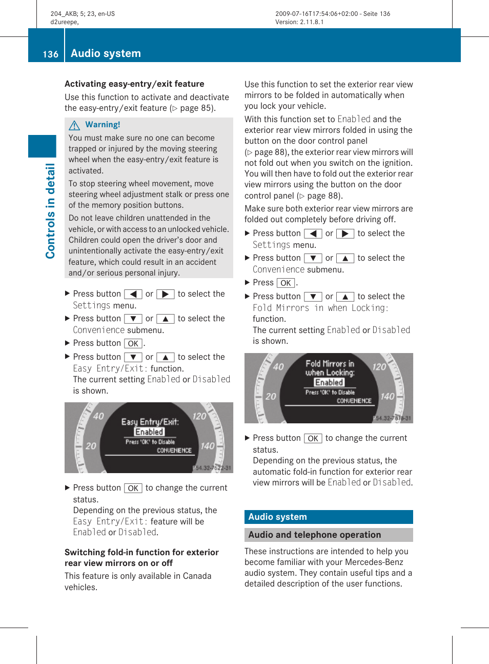Audio system, Audio and telephone operation, Feature | Controls in detail | Mercedes-Benz C-Class 2010 Owners Manual User Manual | Page 138 / 364