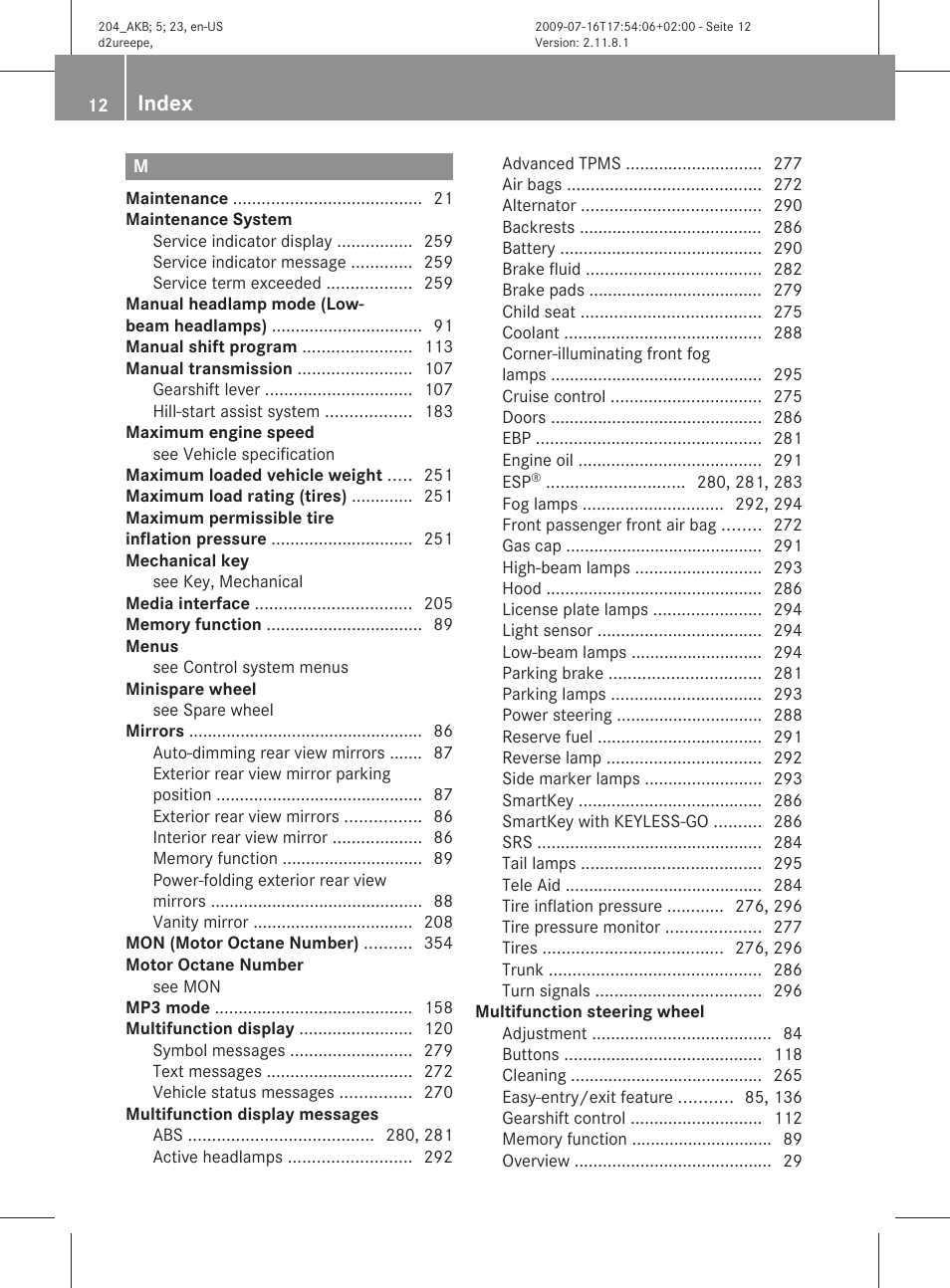 Index | Mercedes-Benz C-Class 2010 Owners Manual User Manual | Page 14 / 364