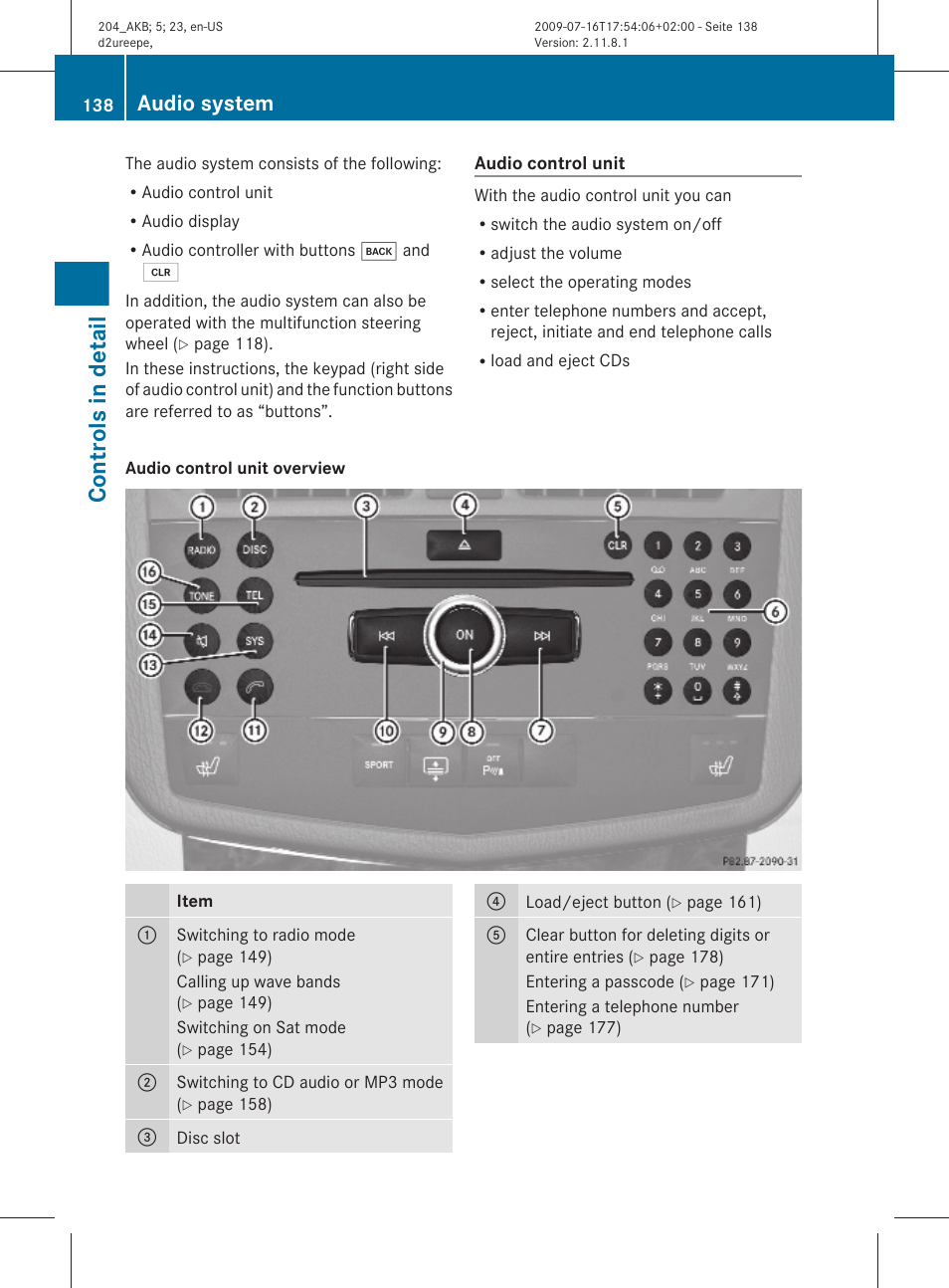 Audio control unit, Controls in detail, Audio system | Mercedes-Benz C-Class 2010 Owners Manual User Manual | Page 140 / 364
